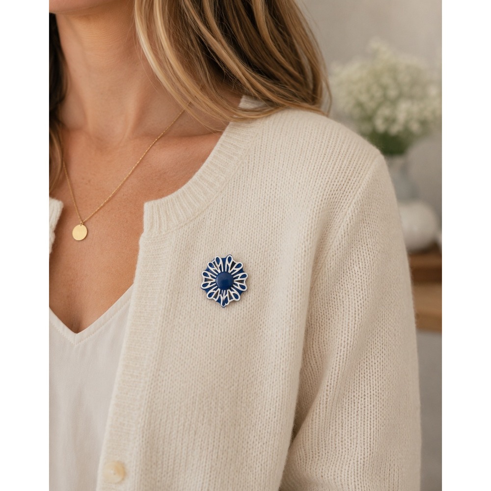 Vintage Blue White Enamel Flower Brooch Pin Floral Mid Century 2.5" Unmarked